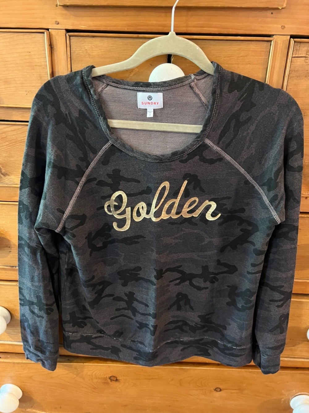Sz M Sundry Olive Camo Sweatshirt with Gold 'Golden' Script GUC